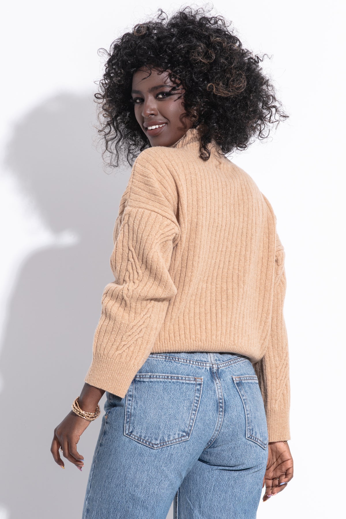 Wełniany klasyczny sweter golf premium karmelowy - 3