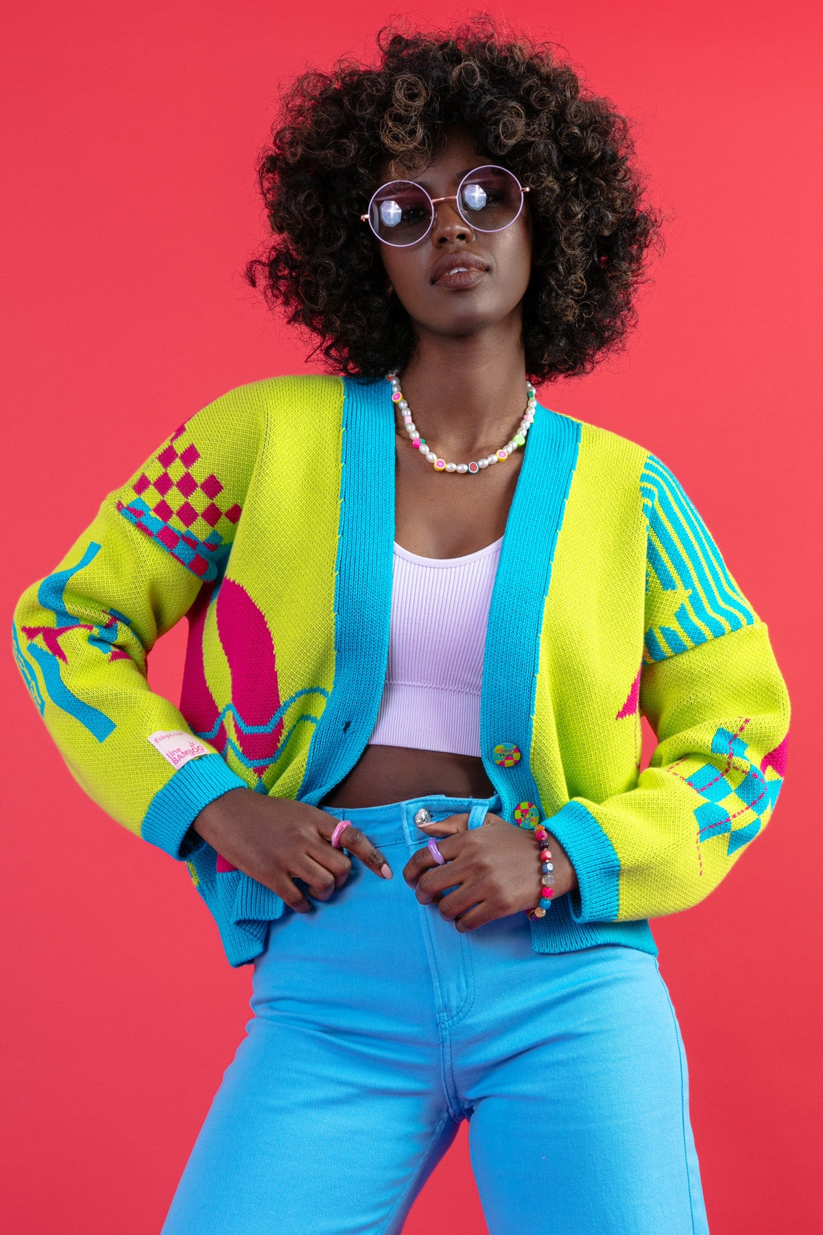 Zapinany żakardowy kardigan z geometrycznym wzorem limonkowy - 2