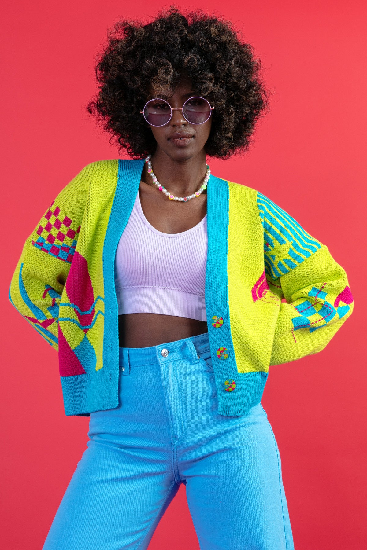 Zapinany żakardowy kardigan z geometrycznym wzorem limonkowy - 10