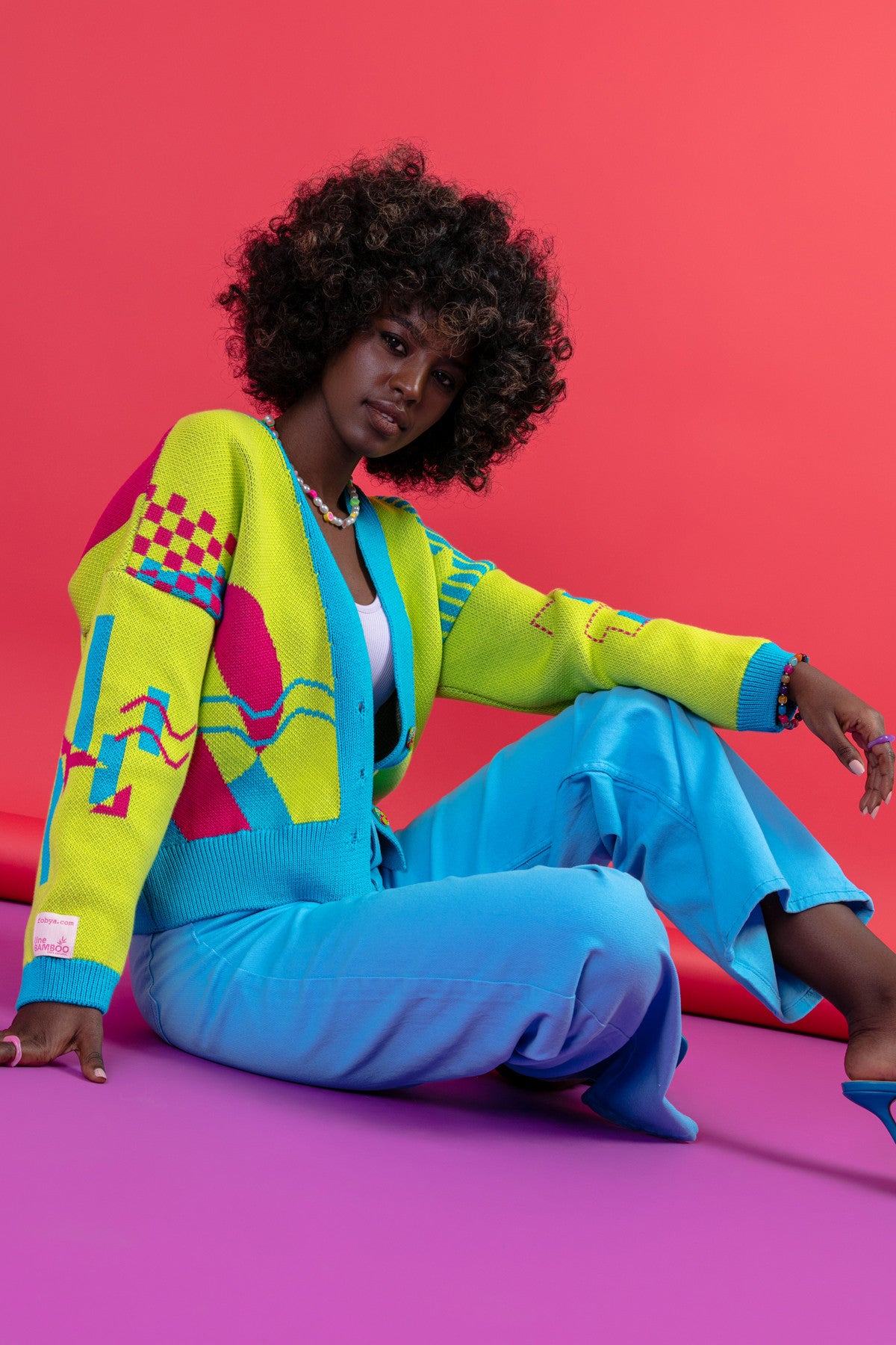 Zapinany żakardowy kardigan z geometrycznym wzorem limonkowy - 5