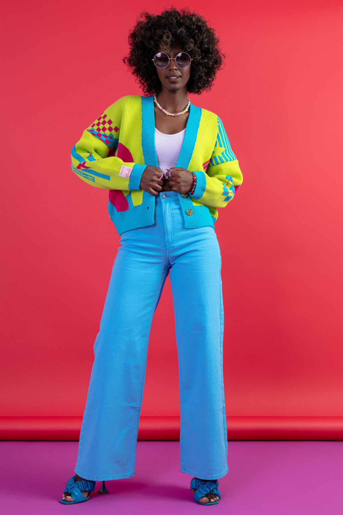 Zapinany żakardowy kardigan z geometrycznym wzorem limonkowy - 4