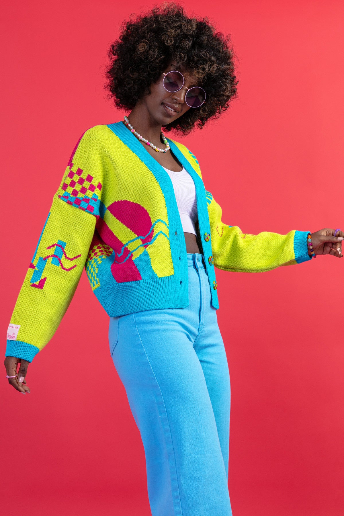 Zapinany żakardowy kardigan z geometrycznym wzorem limonkowy - 6