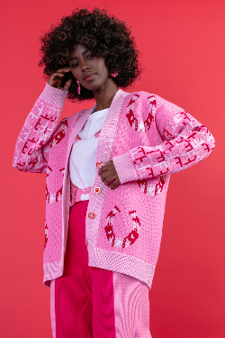 Zapinany żakardowy kardigan z wzorem podkowy słodki róż - 14