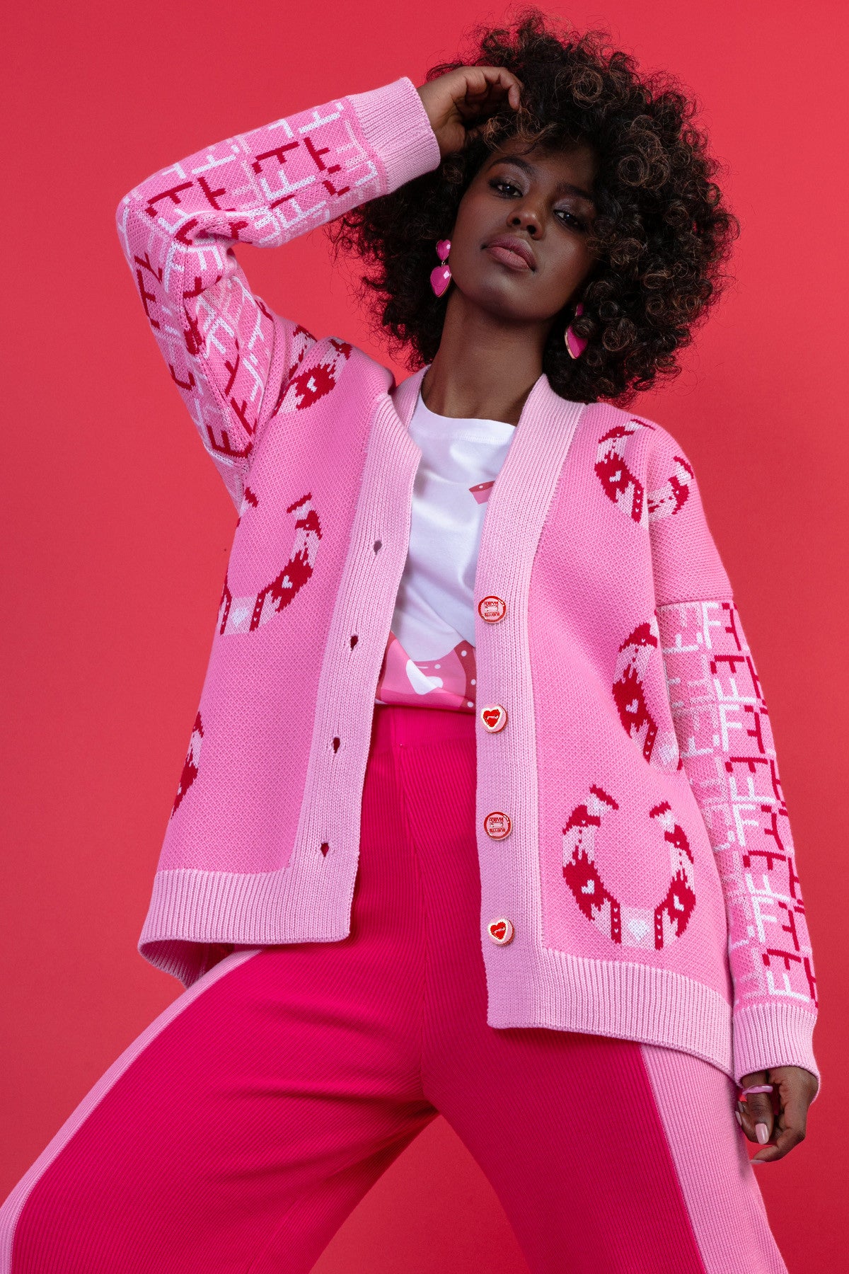 Zapinany żakardowy kardigan z wzorem podkowy słodki róż - 4